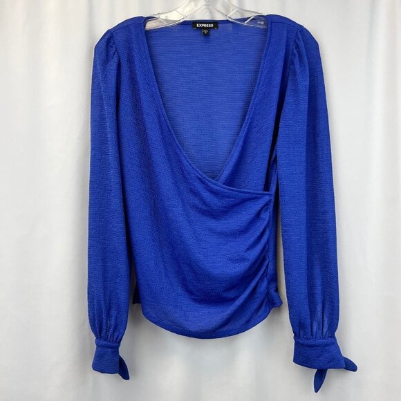 Express Womens Blue Surplice Neck Long Sleeve Pullover Blouse Top Size Small - Picture 1 of 10